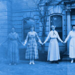 A vintage blue and white photo of women standing in front of a Harvard University building, overlaid with a glass plate image of the night sky