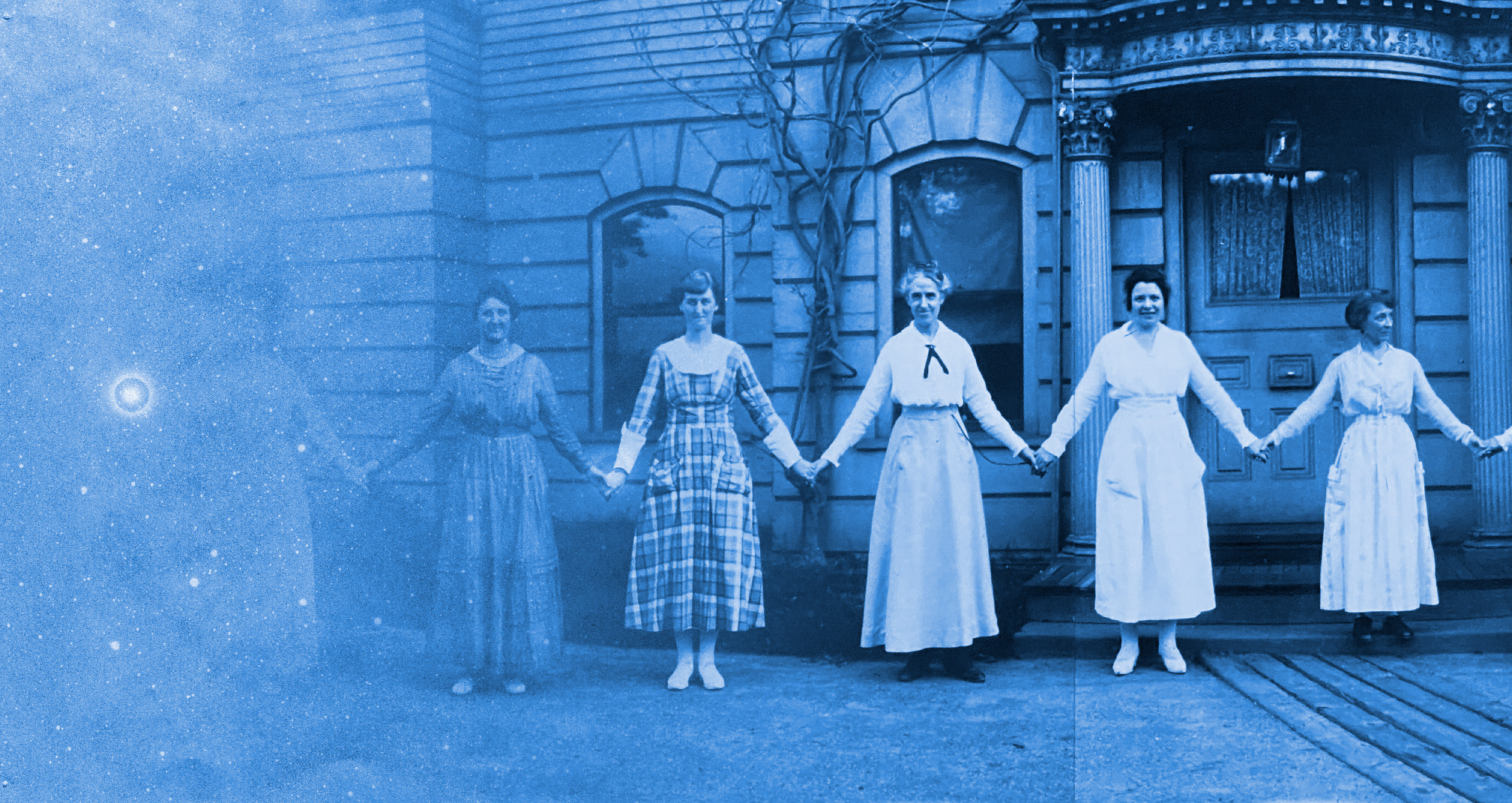 A vintage blue and white photo of women standing in front of a Harvard University building, overlaid with a glass plate image of the night sky