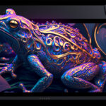 CGI frog coming out of a holographic display